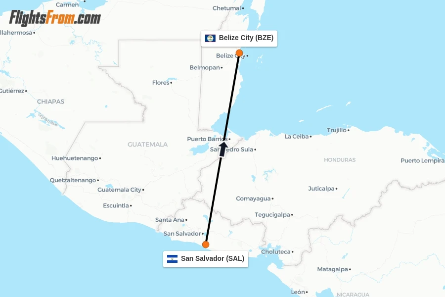 Flights from San Salvador to Belize City route map