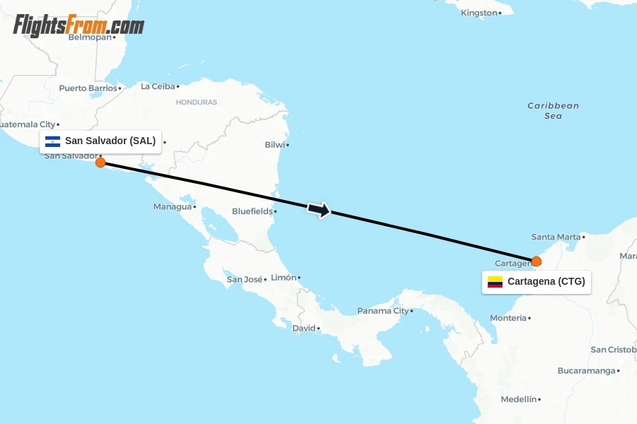 Flights from San Salvador to Cartagena route map