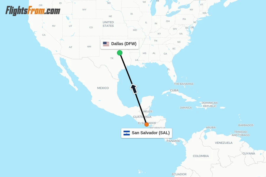 Flights from San Salvador to Dallas route map