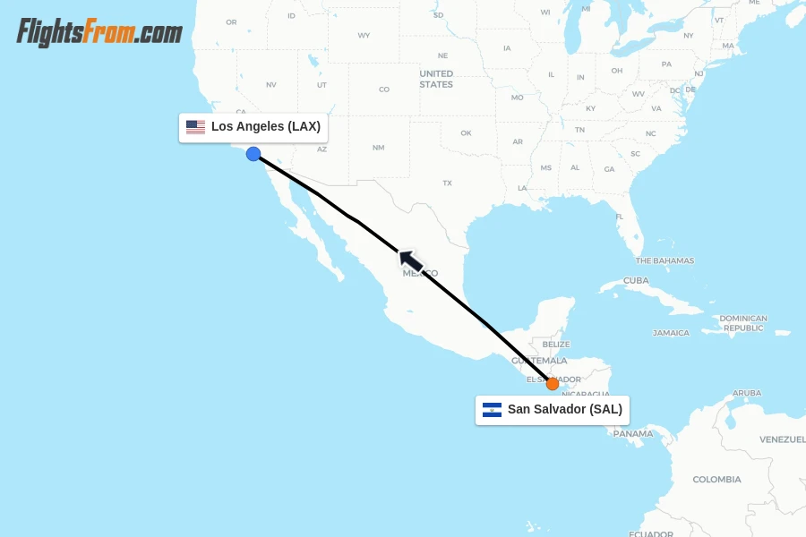 Flights from San Salvador to Los Angeles route map