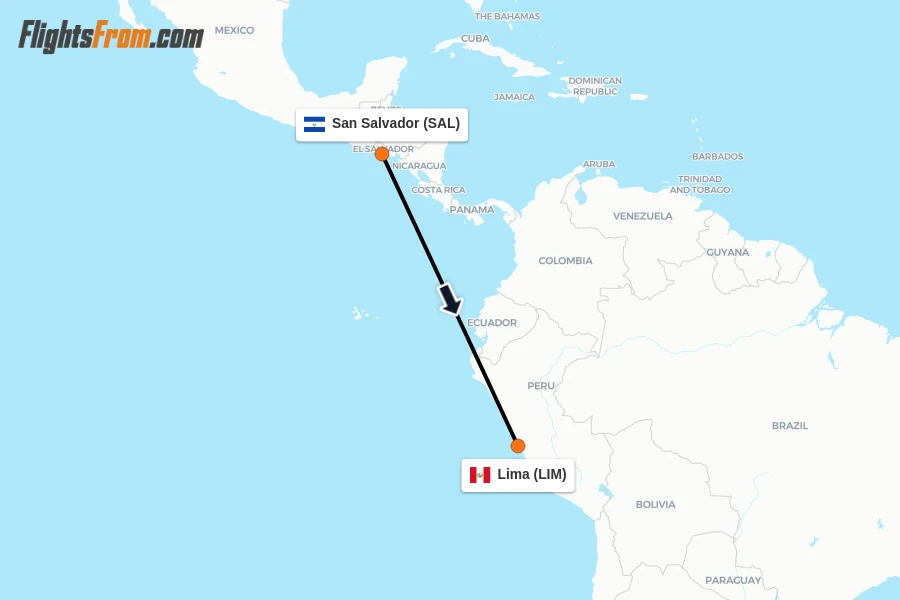 Flights from San Salvador to Lima route map