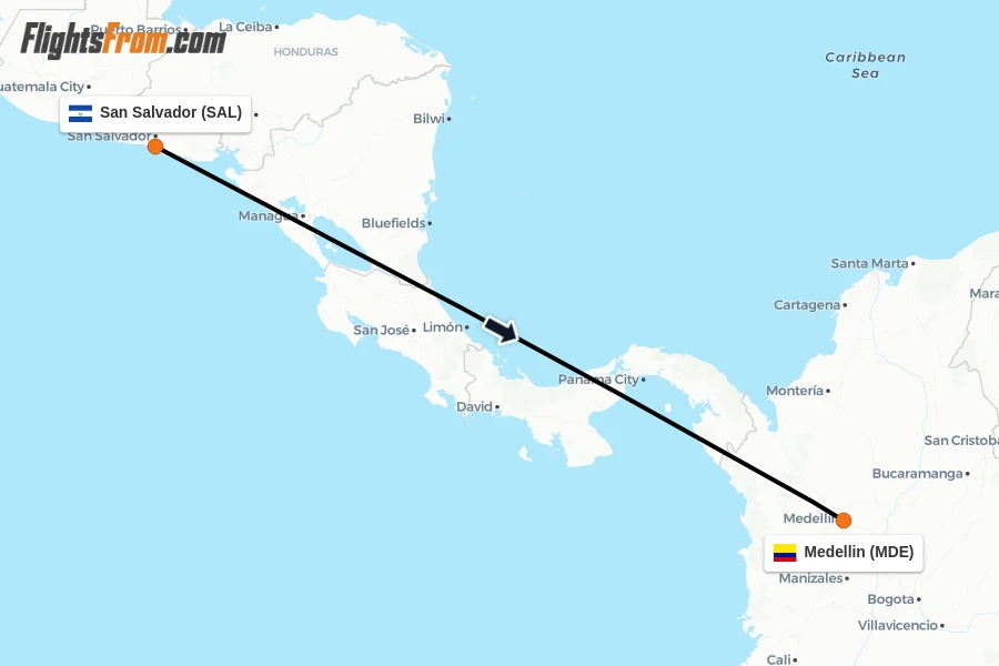 Flights from San Salvador to Medellin route map