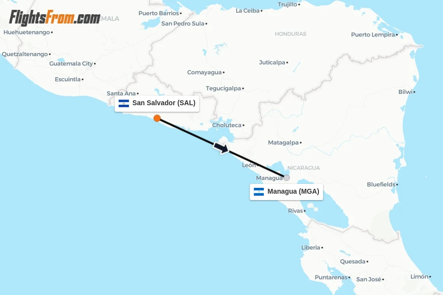 Flights from San Salvador to Managua route map