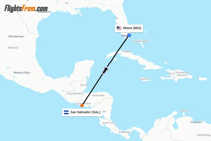 Flights from San Salvador to Miami route map