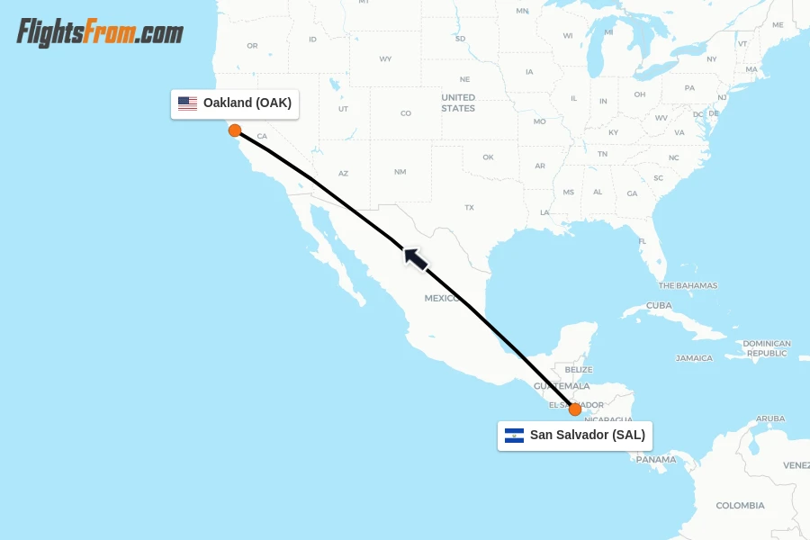 Flights from San Salvador to Oakland route map