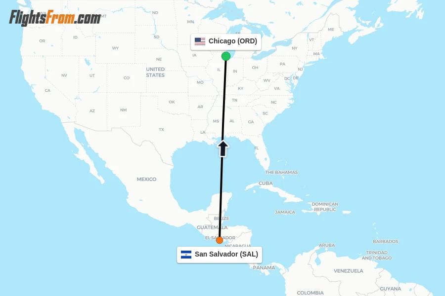 Flights from San Salvador to Chicago route map