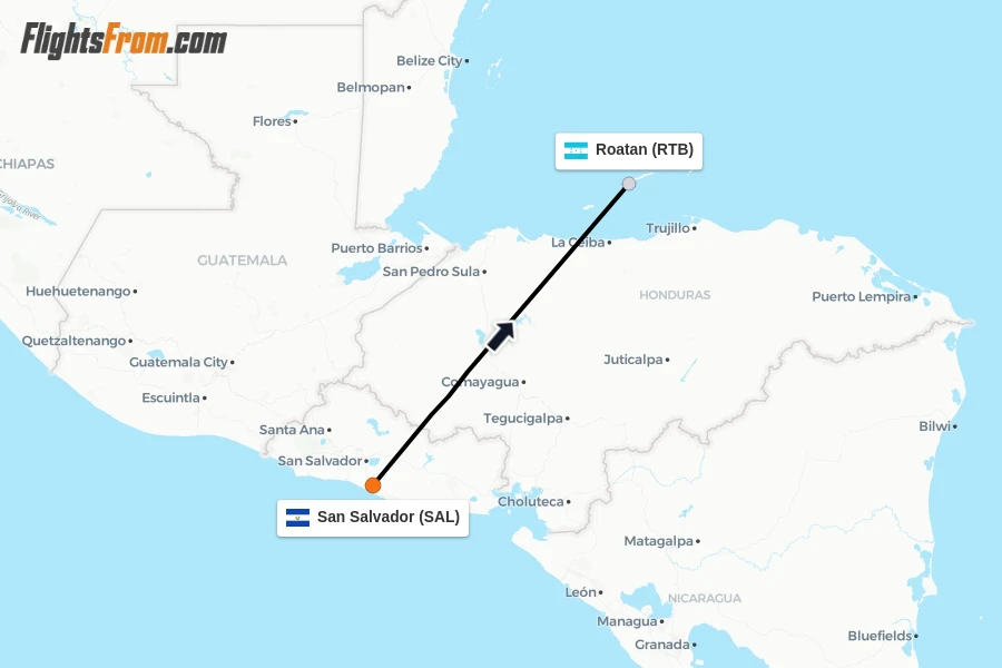 Flights from San Salvador to Roatan route map