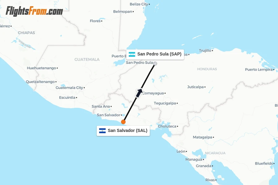 Flights from San Salvador to San Pedro Sula route map