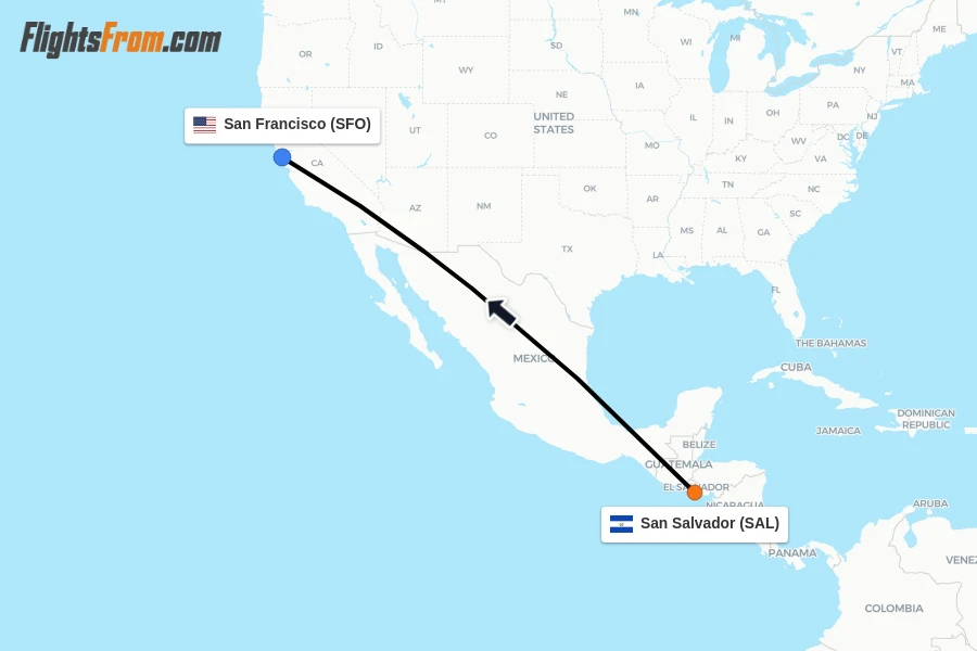 Flights from San Salvador to San Francisco route map