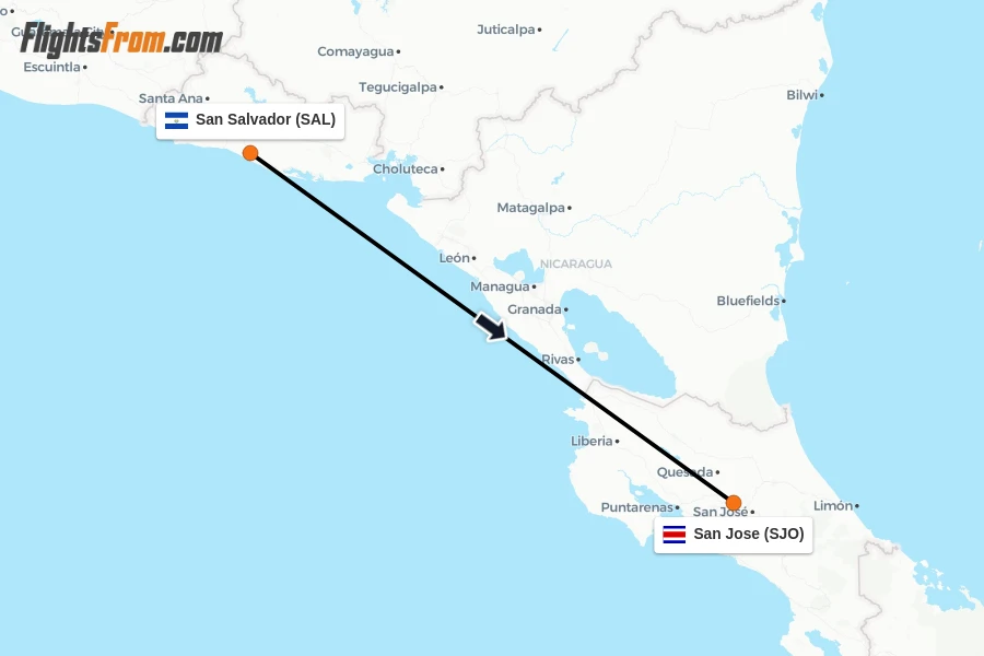 Flights from San Salvador to San Jose route map