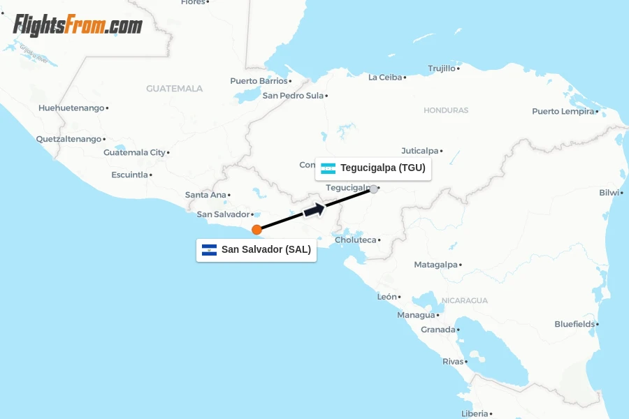 Flights from San Salvador to Tegucigalpa route map