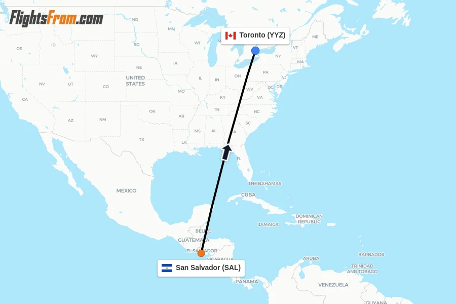 Flights from San Salvador to Toronto route map
