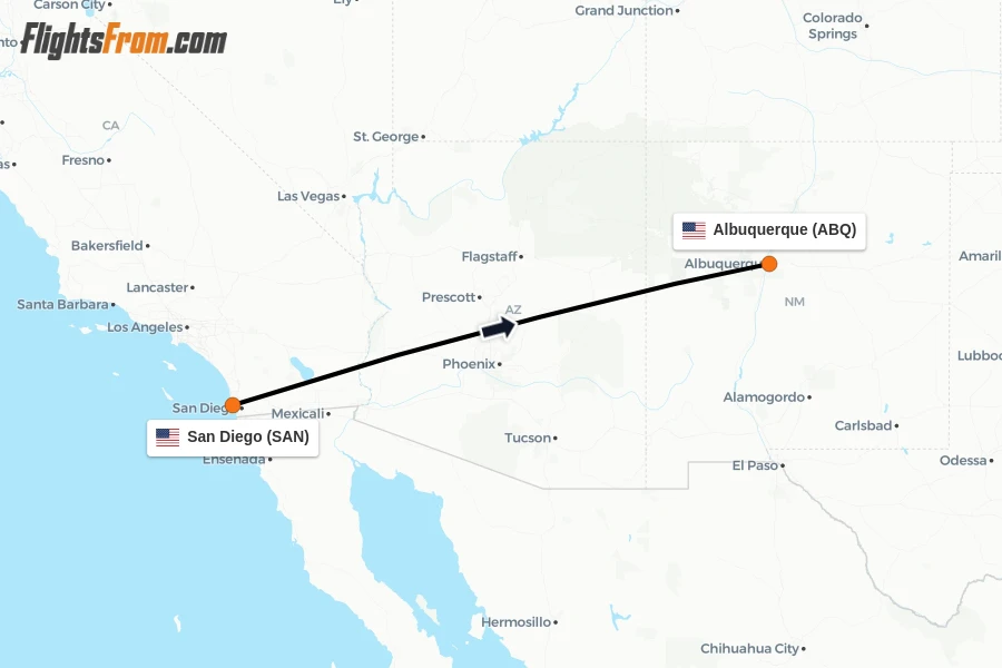 Flights from San Diego to Albuquerque route map