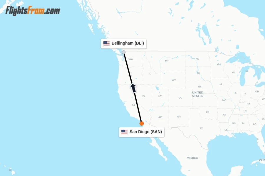Flights from San Diego to Bellingham route map