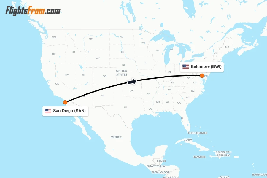 Flights from San Diego to Baltimore route map