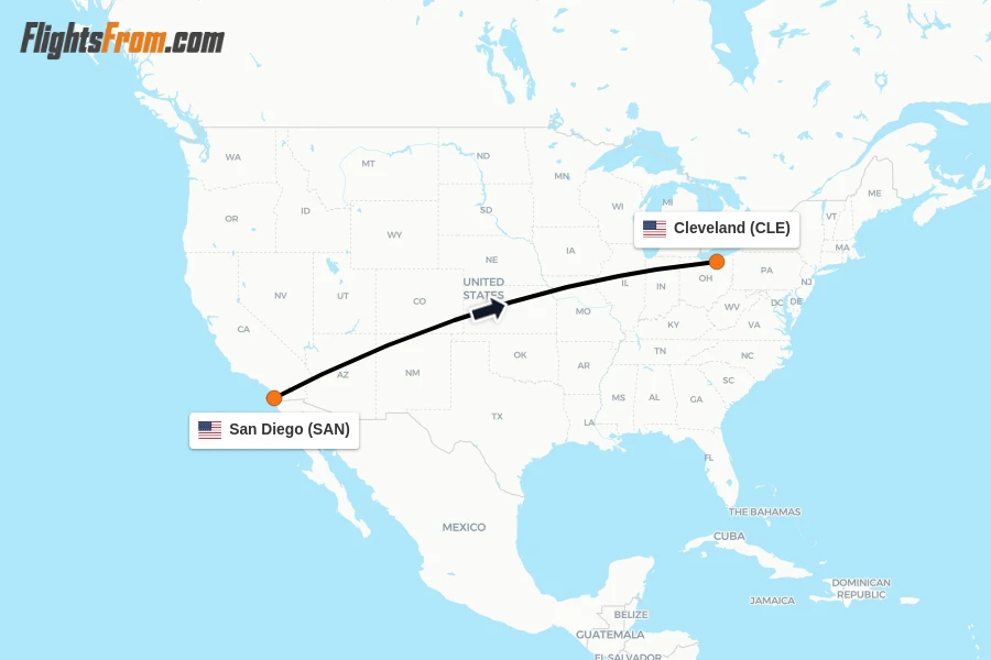 Flights from San Diego to Cleveland route map