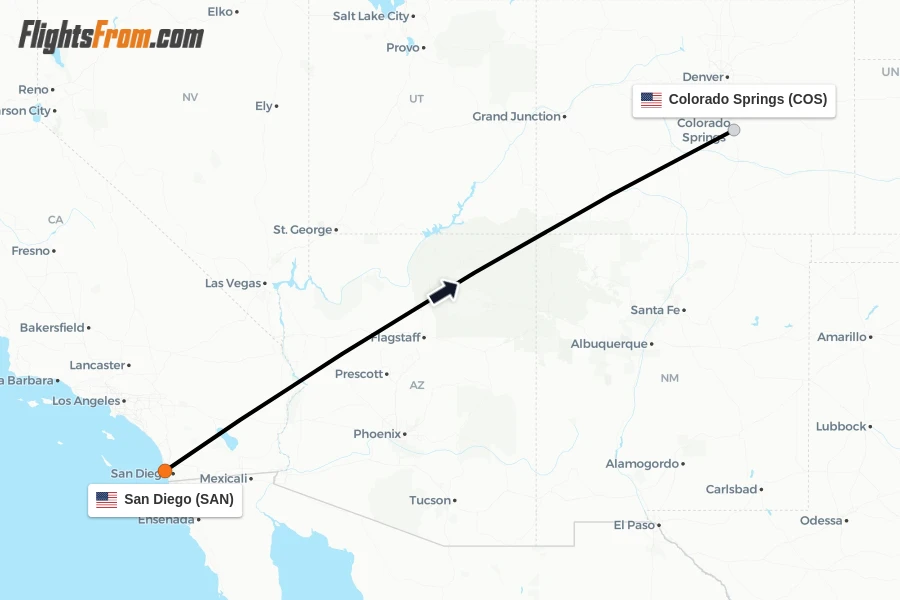 Flights from San Diego to Colorado Springs route map