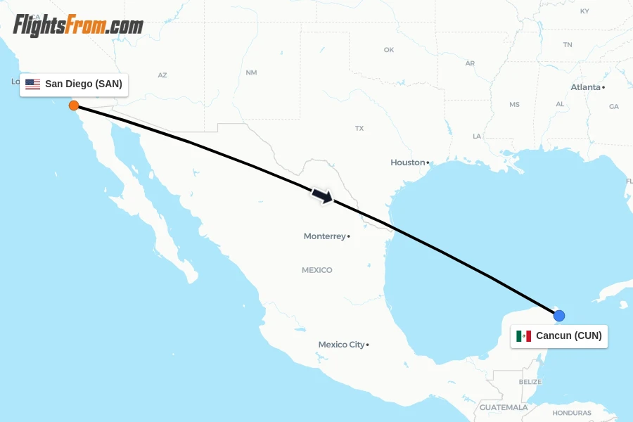 Flights from San Diego to Cancun route map