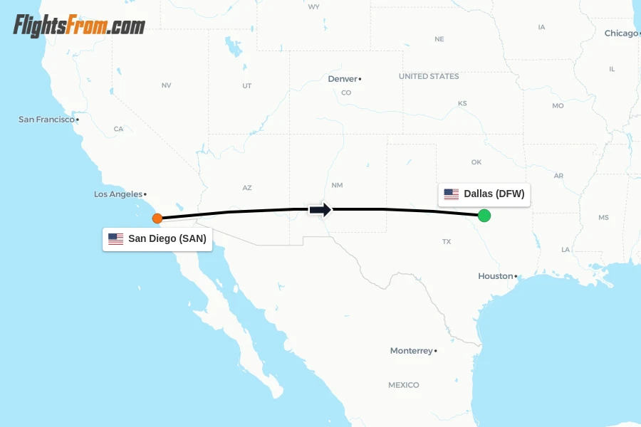 Flights from San Diego to Dallas route map