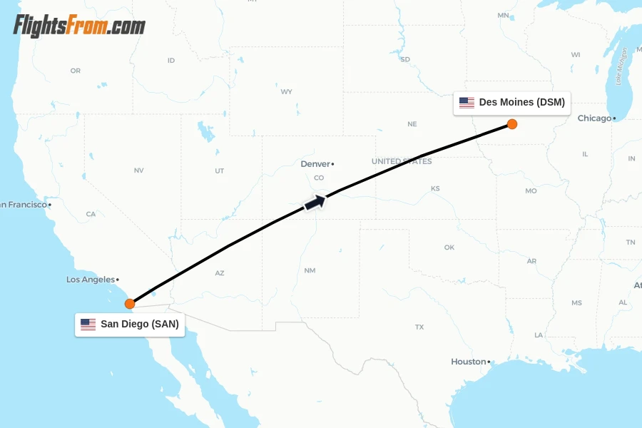 Flights from San Diego to Des Moines route map