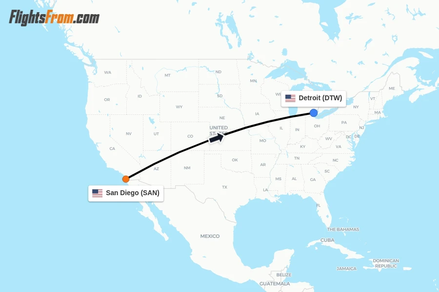 Flights from San Diego to Detroit route map