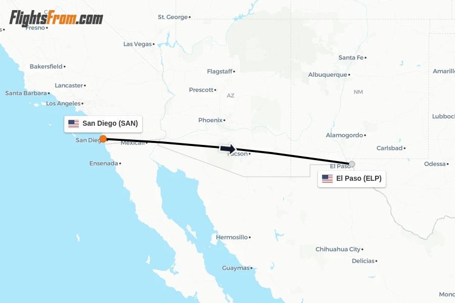 Flights from San Diego to El Paso route map