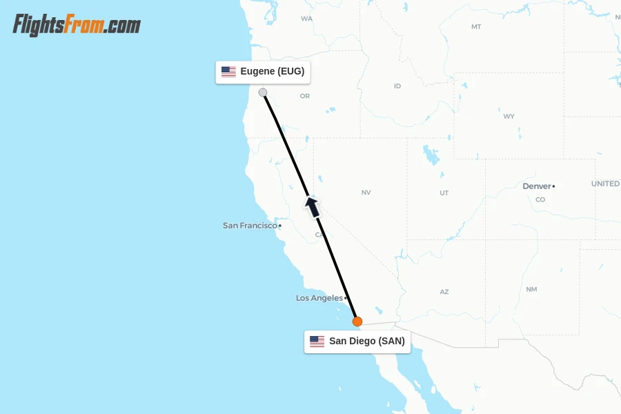 Flights from San Diego to Eugene route map
