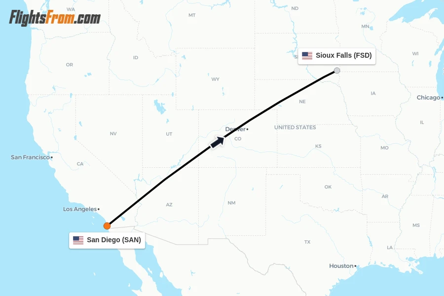 Flights from San Diego to Sioux Falls route map