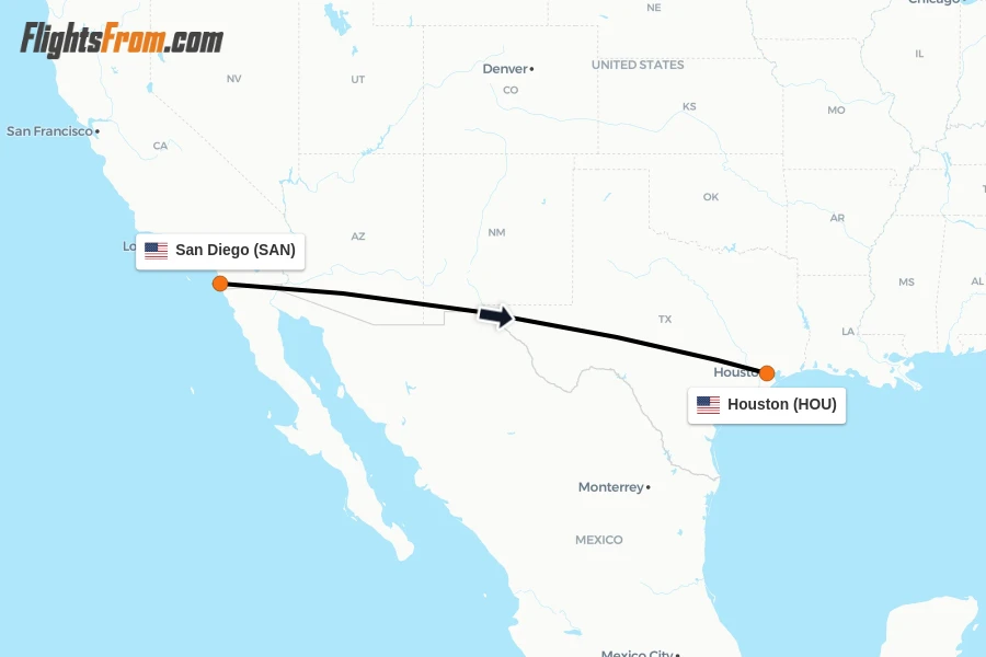 Flights from San Diego to Houston route map