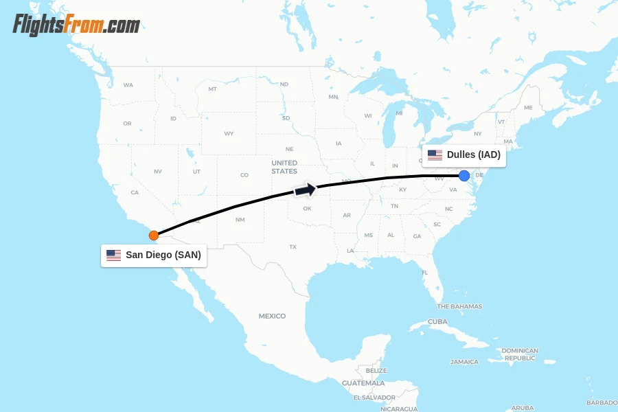 Flights from San Diego to Dulles route map