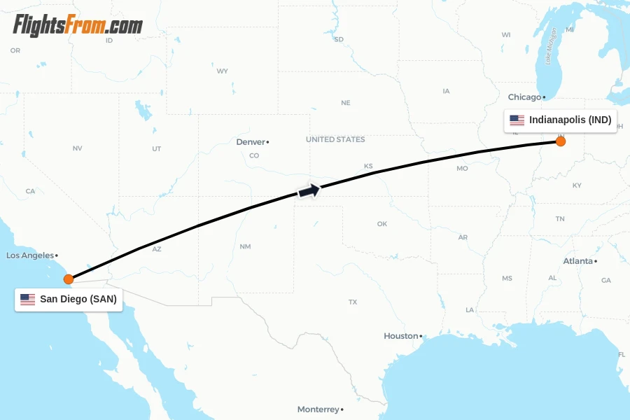 Flights from San Diego to Indianapolis route map