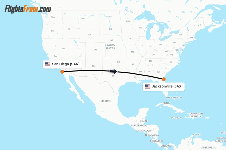 Flights from San Diego to Jacksonville route map