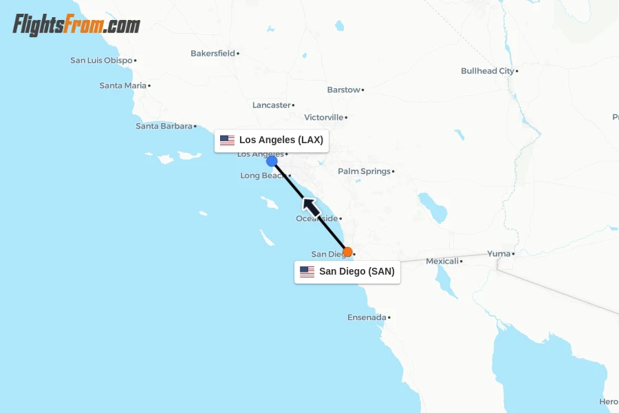 Flights from San Diego to Los Angeles route map