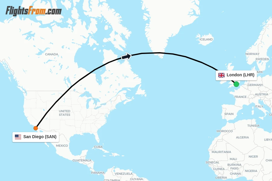 Flights from San Diego to London route map