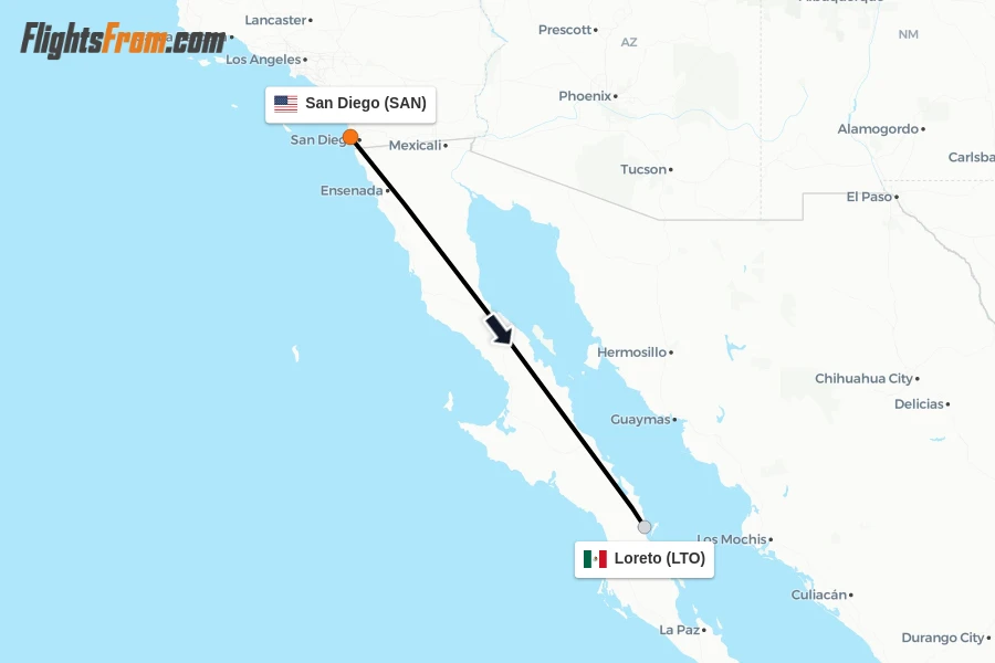 Flights from San Diego to Loreto route map