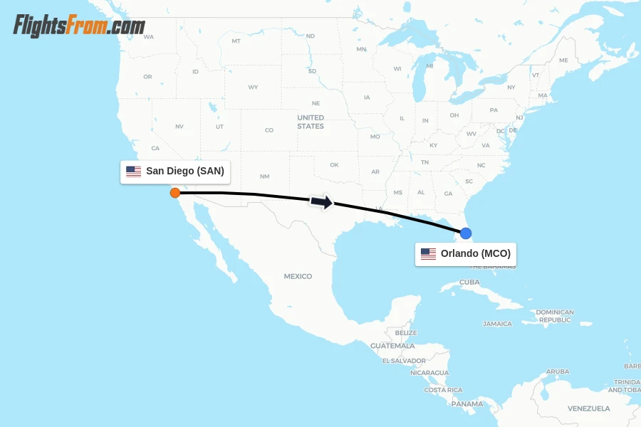 Flights from San Diego to Orlando route map