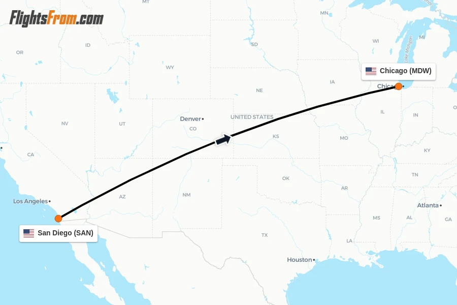 Flights from San Diego to Chicago route map