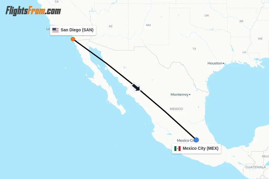 Flights from San Diego to Mexico City route map