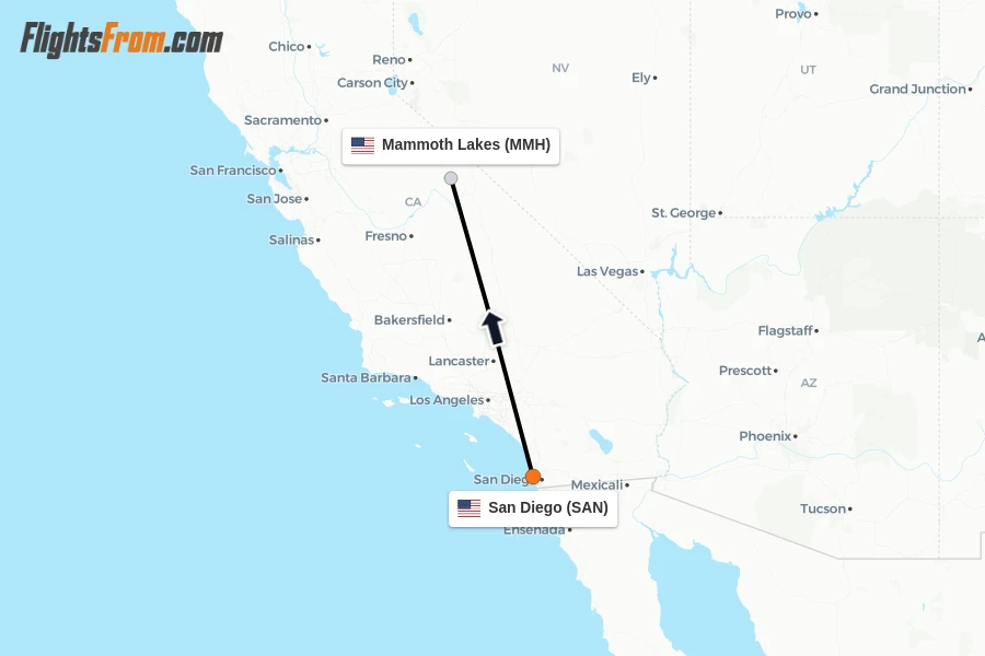 Flights from San Diego to Mammoth Lakes route map