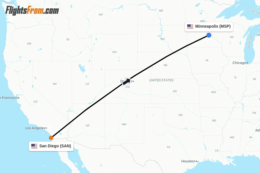Flights from San Diego to Minneapolis route map