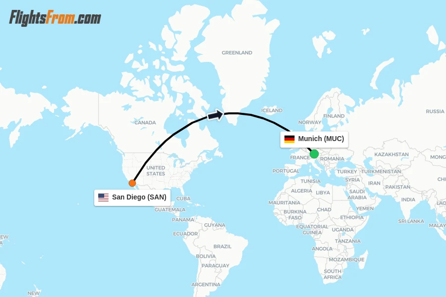 Flights from San Diego to Munich route map
