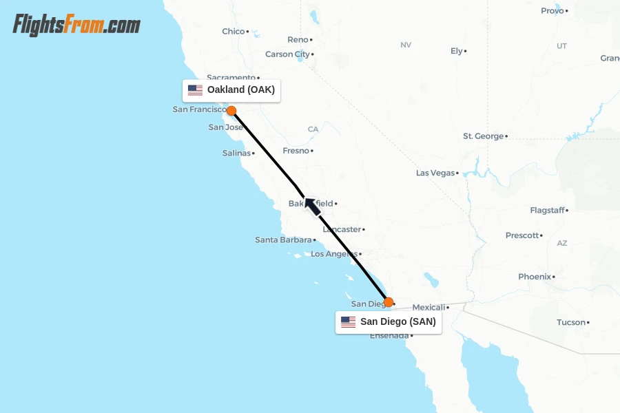 Flights from San Diego to Oakland route map