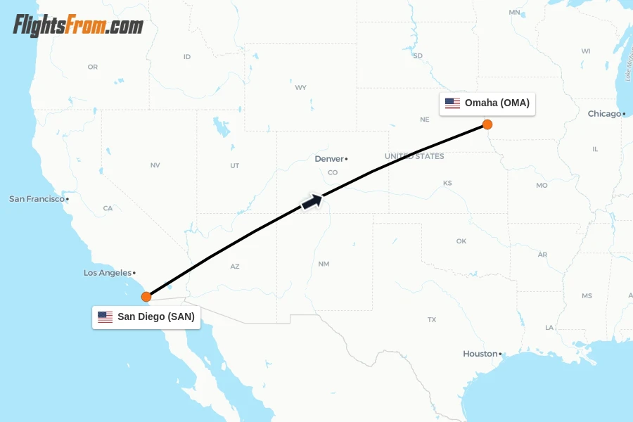 Flights from San Diego to Omaha route map