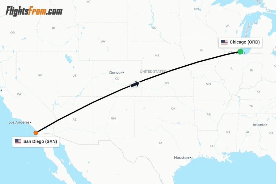 Flights from San Diego to Chicago route map