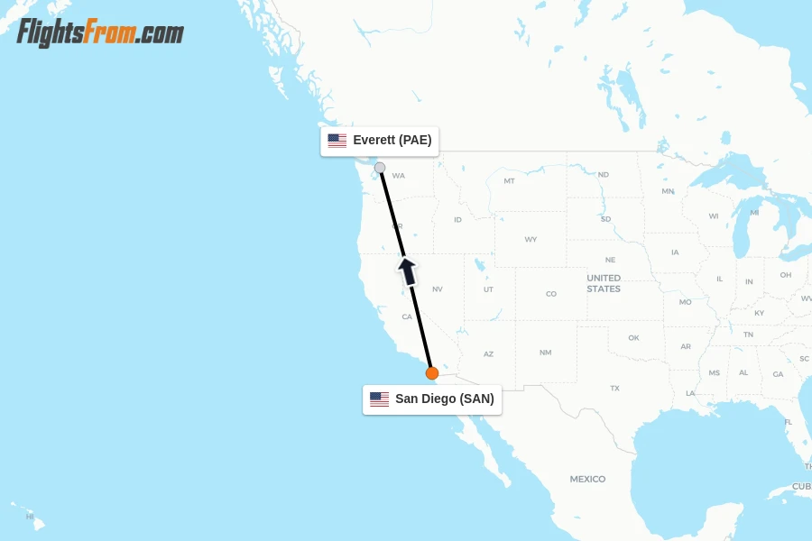 Flights from San Diego to Everett route map