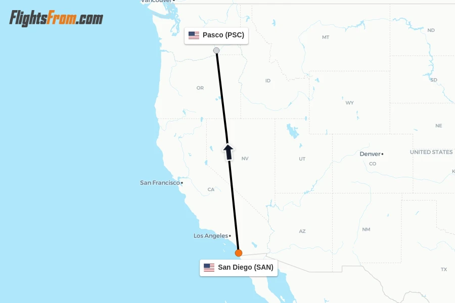 Flights from San Diego to Pasco route map