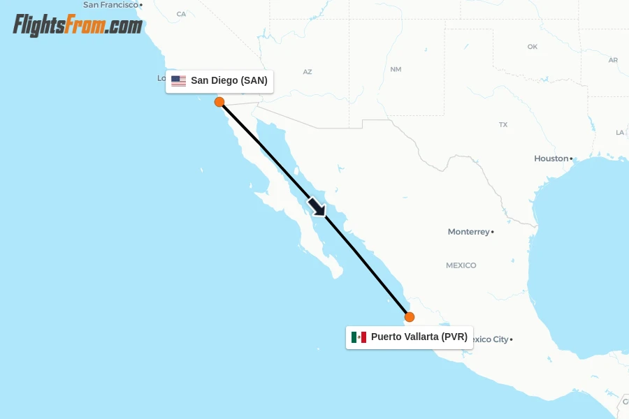 Flights from San Diego to Puerto Vallarta route map