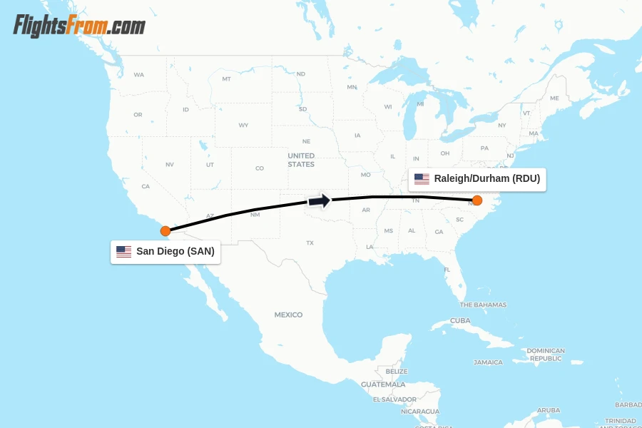 Flights from San Diego to Raleigh/Durham route map