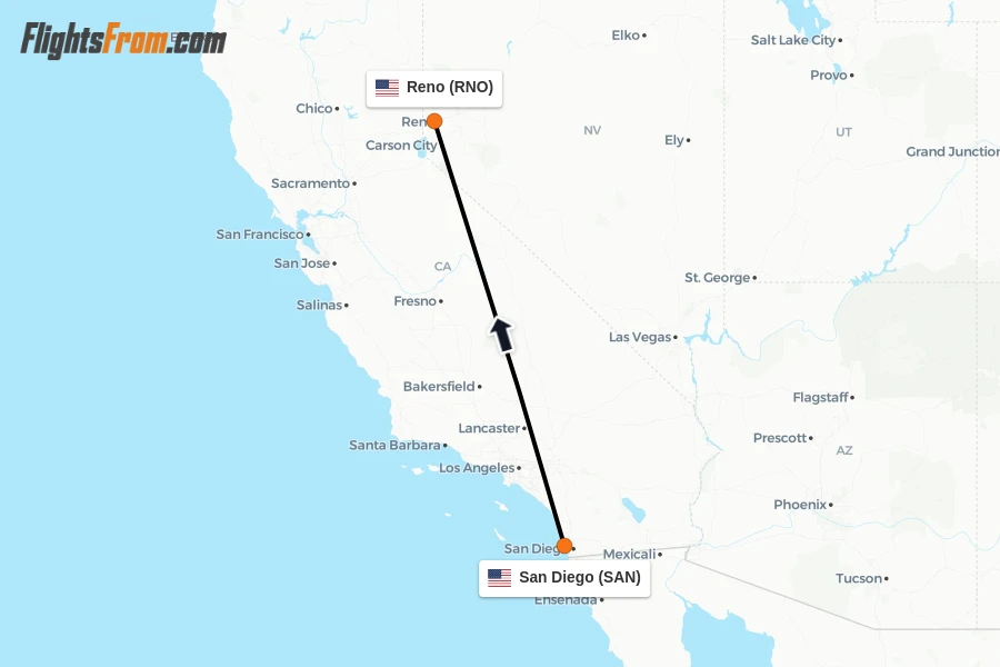 Flights from San Diego to Reno route map