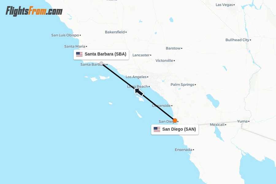 Flights from San Diego to Santa Barbara route map